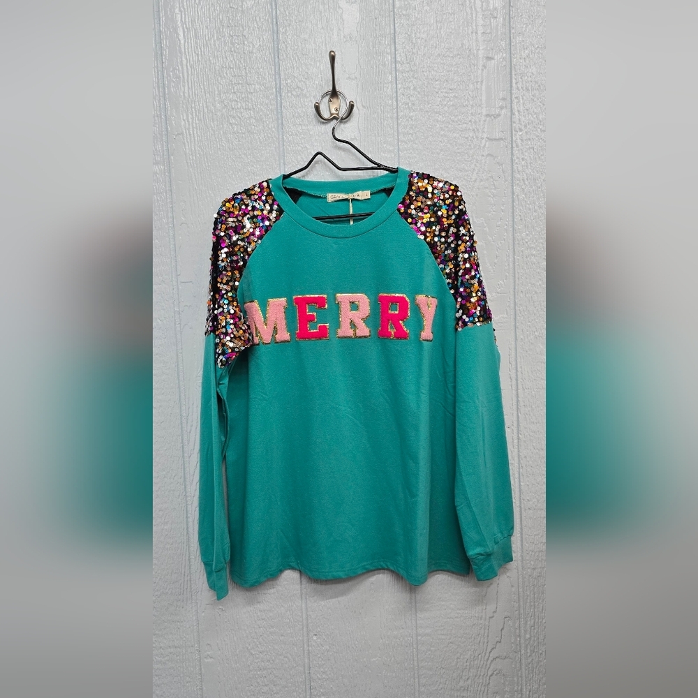 NWT Large Grace&Emma Merry Chenille Patch Sequin Teal Sweater